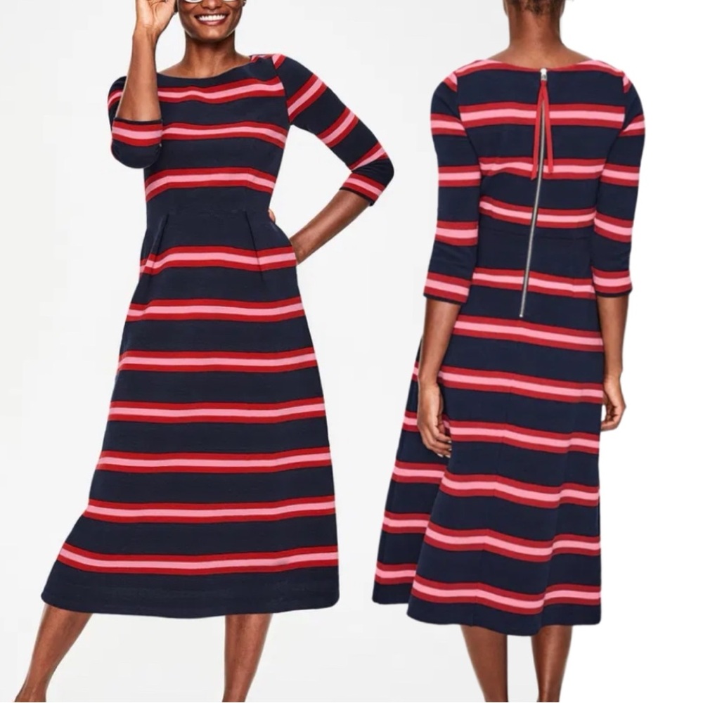 BODEN Alma Ottoman Fit & Flare Striped Midi Dress Size 12R in Navy Poinsetta